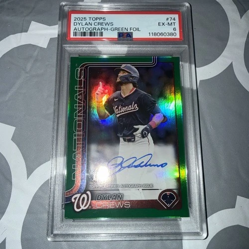 2025 Topps Series 1 Dylan Crews #74 RC Auto Green Refractor SP /99. PSA 6