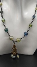 Vintage Glass Bead Necklace Blue Green Bronze Tone Pendant Boho Artisan Style