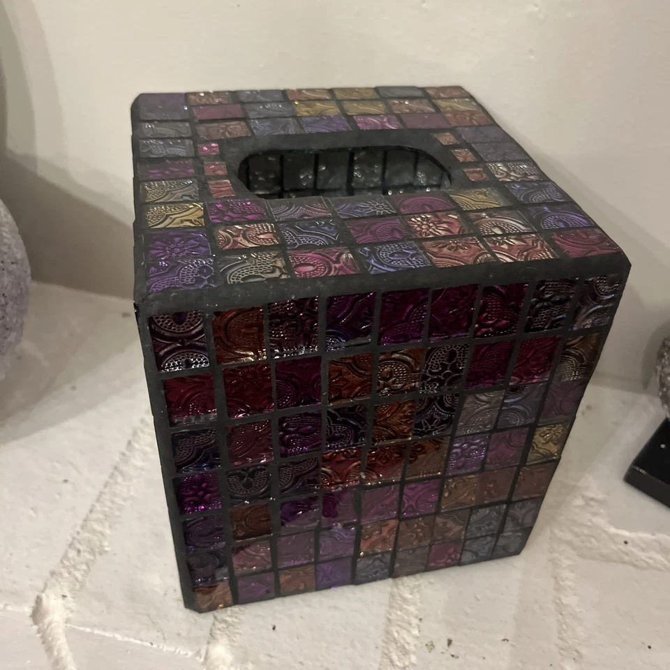 Unique Multicolor Mosaic Glass Tile Tissue Box Cover New Heavy - Image 2 of 4