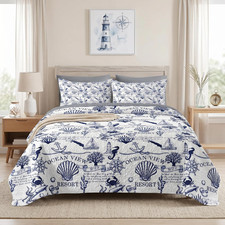 Quilt Set Full/Queen Size, Nautical Beach Ocean 3 Pcs Soft Bed Cover Bedding Set