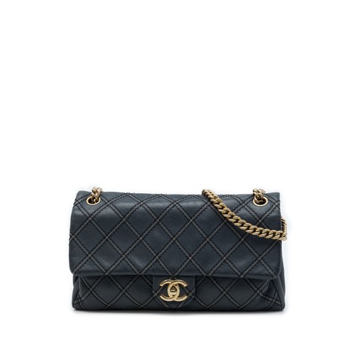 Chanel Jumbo Quilted Iridescent Calfskin Triple Stitched Flap Crossbody Bag Navy