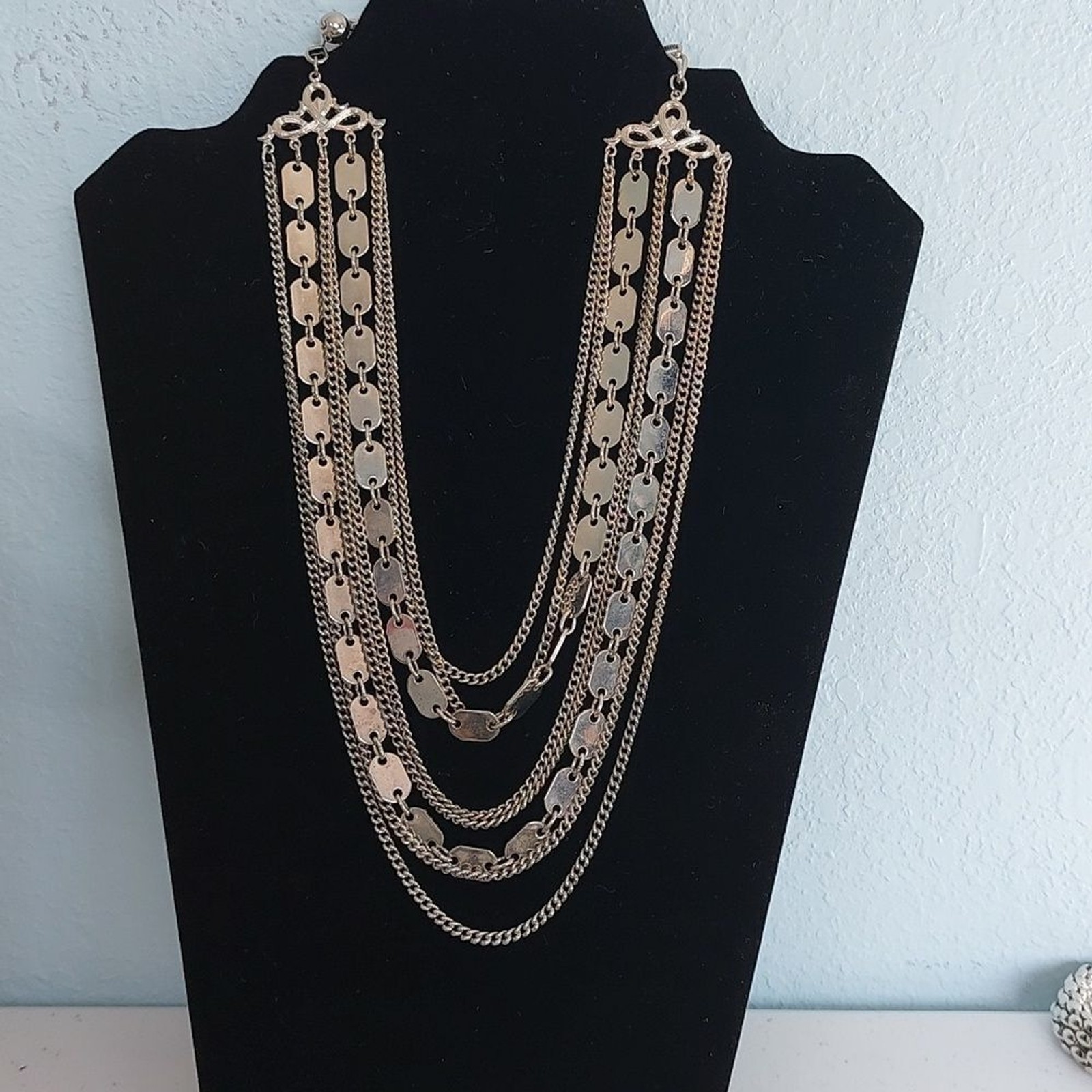 Silver Tone Multilayered Chains Statement Necklace - image 1