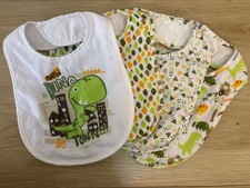 Dinosaur Theme Baby Bibs Set Hook  Loop Closure Cotton Blend White Green Yellow