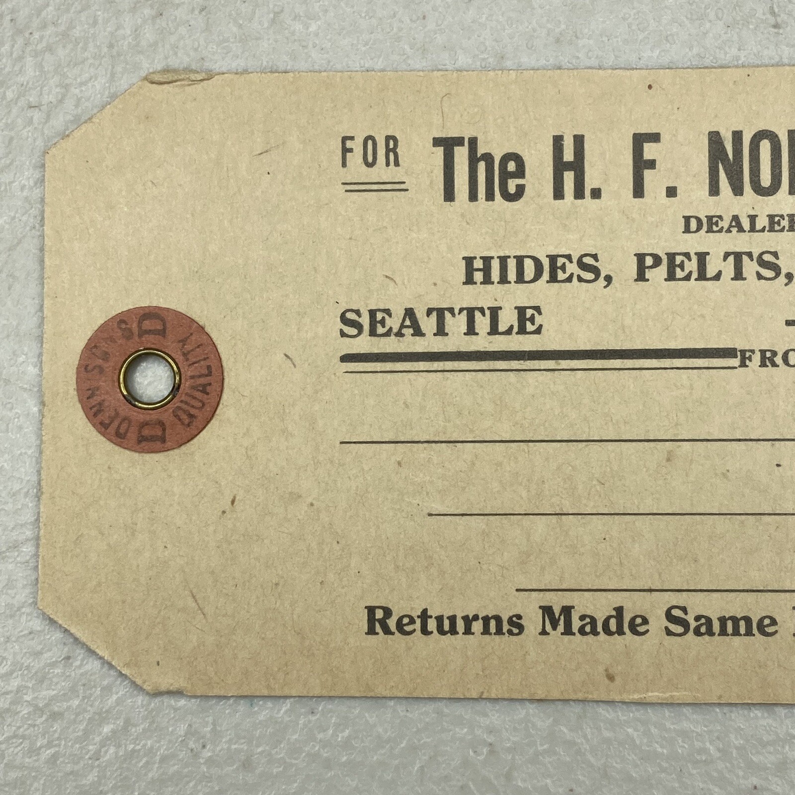 Vintage H.F. Norton Co Seattle Washington Raw Hides Furs Shipping Hang Tag Card 