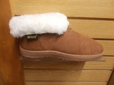 OLD FRIEND WOMEN'S WIDE BOOTIE SLIPPER SIZES 6 TO 12 BROWN  ROLL UP COLLAR