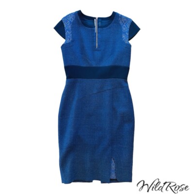 ROLAND MOURET BLUE WOOL PATTERNED INSERT FITTED SHEATH DRESS SZ 10 | eBay
