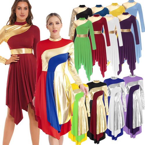 US Womens Liturgical Praise Dance Dress Asymmetrical Color Block Worship Costume - Picture 1 of 141