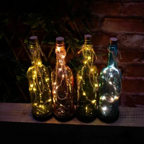 Glass Bottles with 10 Micro LED Solar Lights Set of 4 Colourful Garden Lighting