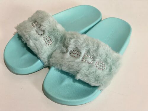 NEW! BEBE FURIOSA DUSTY MINT GREEN FAUX FUR SLIP-ON SLIDES SANDALS SLIPPERS 8 38 - Picture 1 of 6