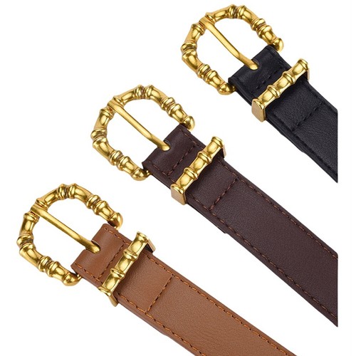 Women Solid Metal Gold Round Buckle Faux Leather Slim Belt Dress Jeans Waistband - Picture 5 of 13