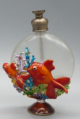 Damaged Vintage Glass Perfume Bottle with 3D Goldfish & Coral. Metal Dabber