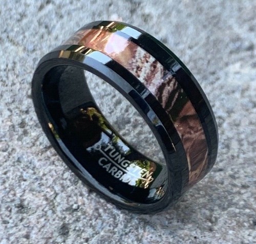 8MM-Men-039-s-Genuine-Black-Tungsten-Carbide-Camouflage-Inlay-Wedding-Band-Ring