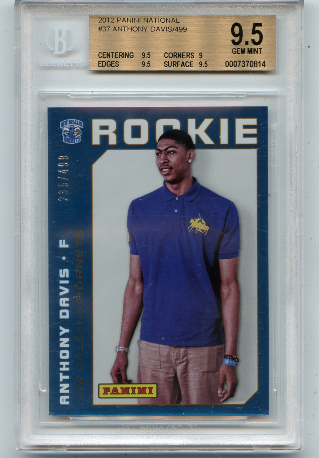 2012-13 PANINI NATIONAL #37 ANTHONY DAVIS ROOKIE RC #235/499 - BGS 9.5 ...