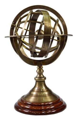 Nautical Antique Brass Armillary With Wooden Base Vintage World Sphere Globe 10" - Picture 1 of 5