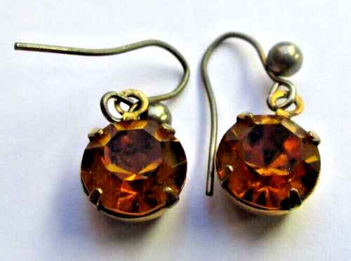 Boucles D'Oreilles Percées Vintage - Or Beige Avec Ambre Et Cristal - Modèle 2297 - Occasion Impeccable