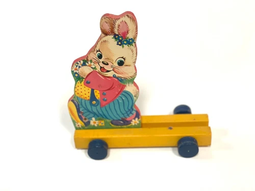 Vintage FISHER PRICE EASTER BUNNY BASKET CART #301 Missing Easter Basket Wood