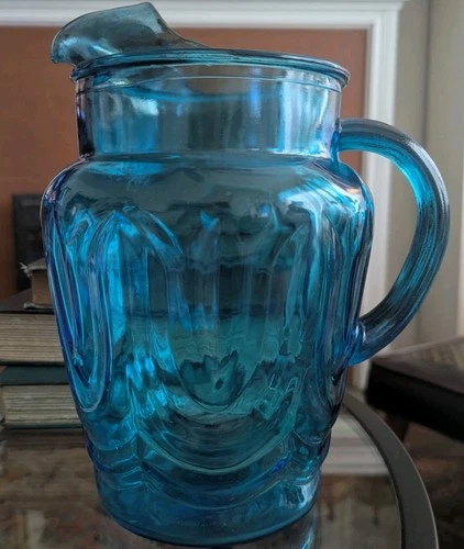 VTG Anchor Hocking Pitcher Colony Tulip Aqua Blue Glass 9" Retro Mid Century Art