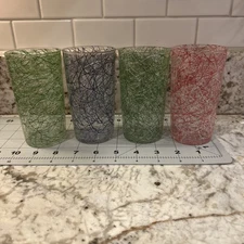Vintage set of (4) MCM Spun Red White Swirl Color on Clear Glass Tumblers 4 3/4