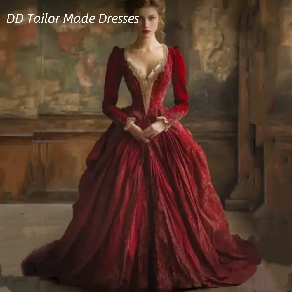 Burgundy Vintage Victorian Prom Dress Velvet Long Sleeves Ball Gown Medieval