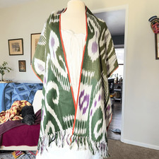 VTG Ikat Woven Scarf Shawl Green Purple Fringe Boho Wrap 70x15