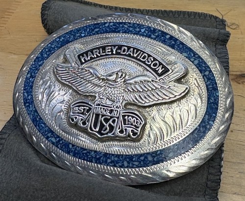 VTG Harley Davidson Belt Buckle Turquoise Inlay Alpaca Artisan MC Club Buckles - Picture 2 of 7