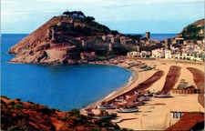 Postcard Spain Tossa de Mar Costa Brava Beach Boats Fort Pan Am Airlines advert