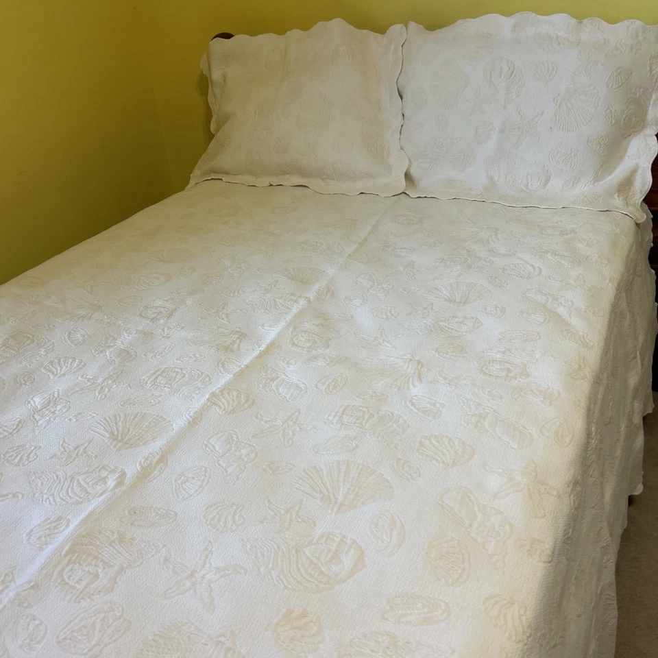 "Colcha matelassé blanca de colección 2 fundas diseño concha marina y estrella de mar - 48"" x 86""" Foto 3 de 4