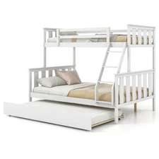 Solid Wood Twin Over Full Pull-out Bunk Bed Space-Saving with Trundle White