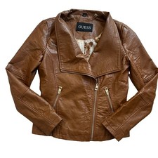 GUESS Bomber Moto Jacket Women's Small Cognac Biker Lined Preppy 90s Zip Pockets