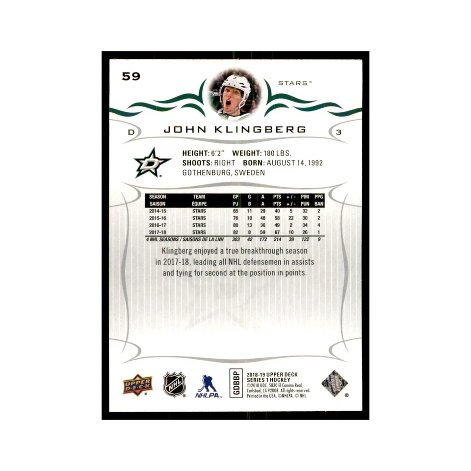 John Klingberg 2018 Upper Deck #59 Hockey Cards Hockey Card NM - Image 2 of 3