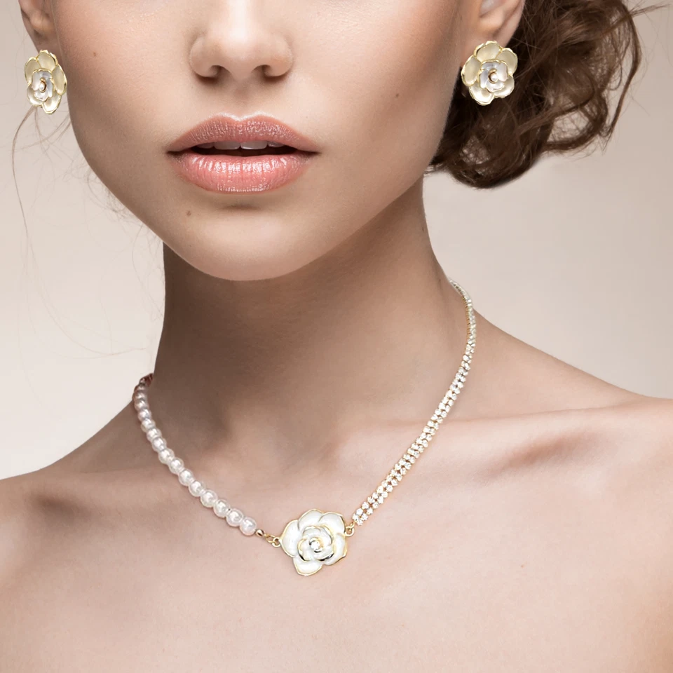 Collar de perlas de imitación de diamantes de imitación de camelia, collares de perlas rosas, regalos de boda Foto 3 de 4