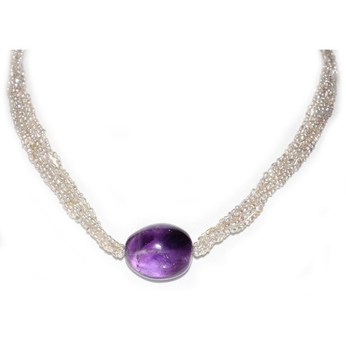 Keshi Akoya Pearl Amethyst Necklace 14kt Solid White Gold Clasp 18" - 第 1/2 張圖片
