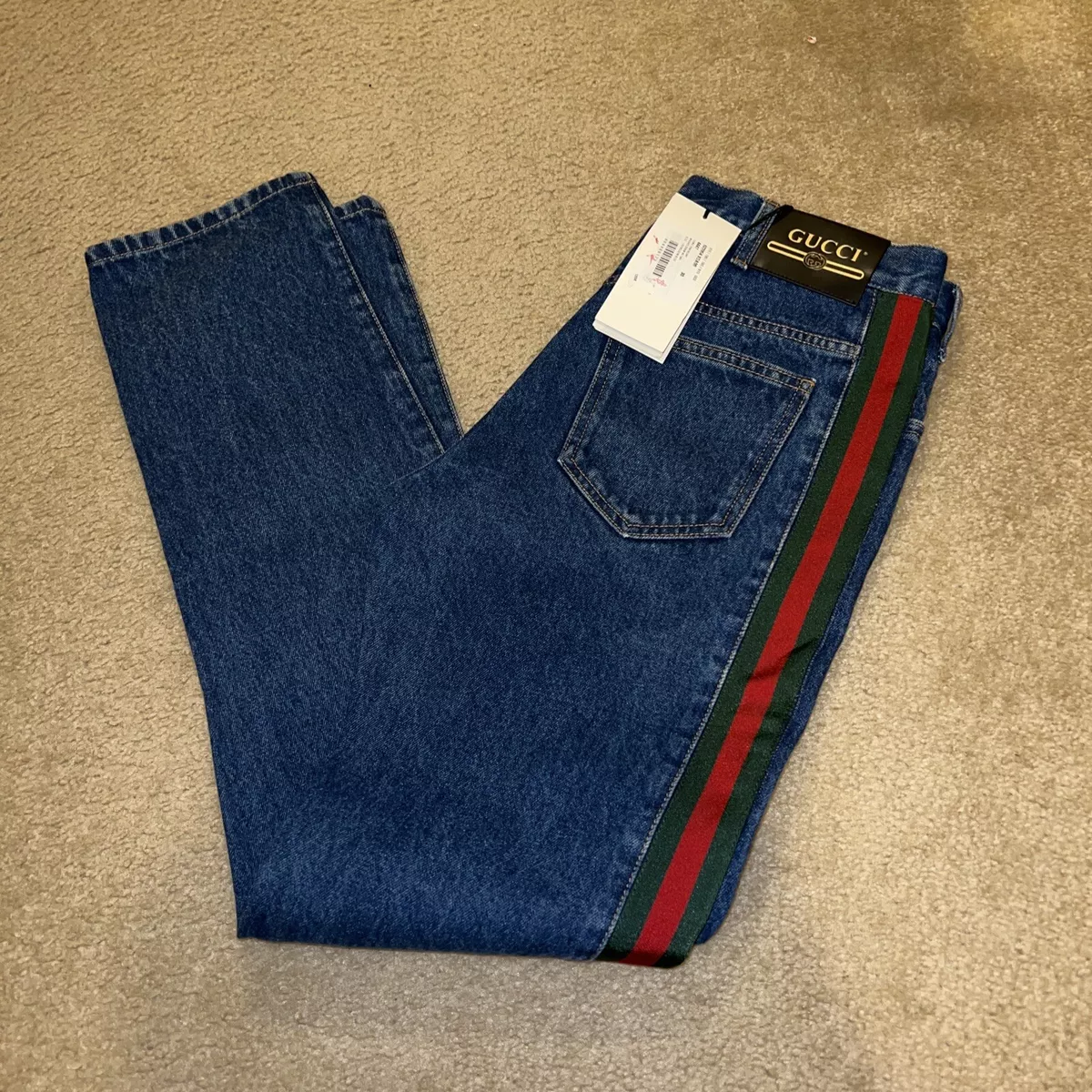 Gucci Classic Web Stripe Washed Denim Petroleum Straight Blue Jeans Sz 32 Italy