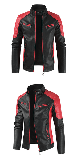 New men's standing collar color matching zippered cardigan leather jacket - Picture 9 of 20