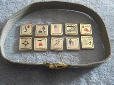 VINTAGE LOT OF 10 BOY SCOUT METAL BELT MERIT BADGES & 28" BOY SCOUT BELT