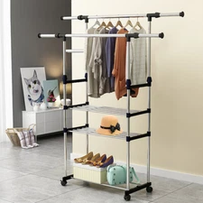 Heavy Duty Clothing Garment Rack Rolling Clothes Organizer Double Rails Hanging