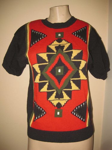 Vintage 80s Southwestern Aztec Graphic Op Art Short Sleeve Pullover Sweater XS/S