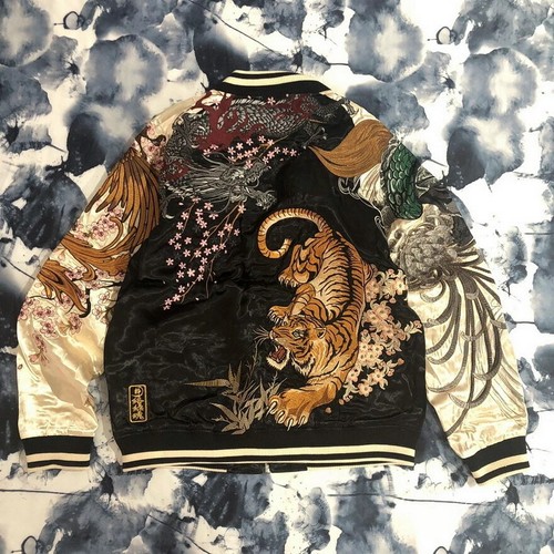 Mens Souvenir Jacket Japanese Pattern Sukajan REVERSIBLE Embroidery Dragon Tiger - Picture 4 of 12