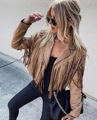 Damen Moto Biker Jacke Chic Cropped Quaste Fransen Kurz Dekor Mantel - Bild 11 von 28