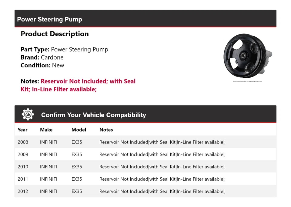For 2008-2012 INFINITI EX35 Power Steering Pump Cardone 2009 2010 2011 - Изображение 2 из 4