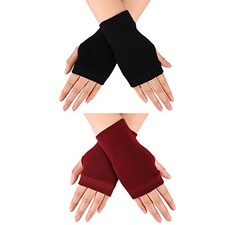 2 Pairs Fingerless Gloves Women Man Stretchy Knitted Gloves Black, Wine Red