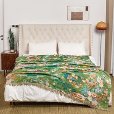 Ownkoti Boho Throw Blanket for Bed 90"x 90" Quilted Cotton Reversible Green