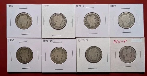 Barber Quarters, Lot of 8, ($2.00 face) 90% Silver Coins, 1895 - 1911