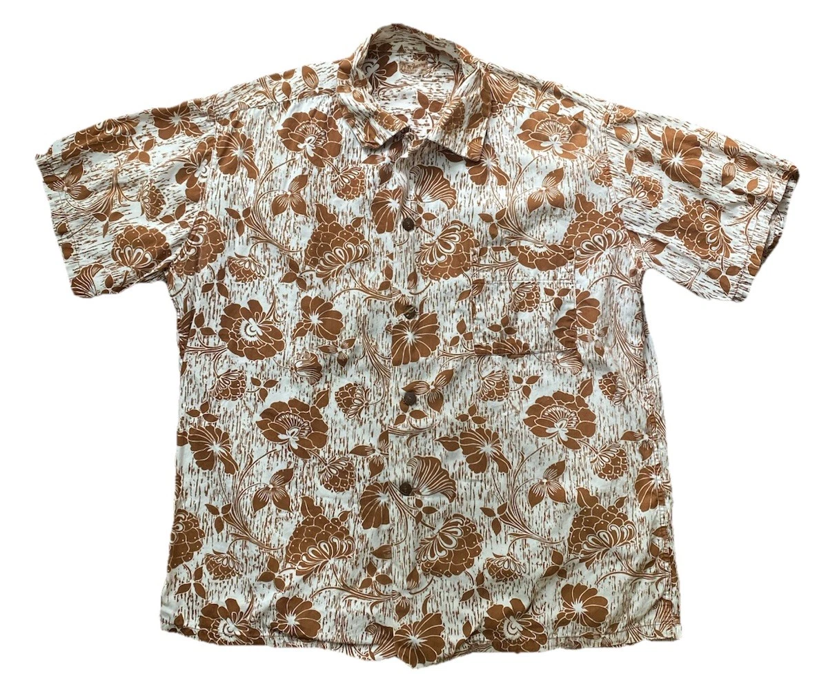 Vtg 50s McInerny loop collar Hawaiian Shirt L rockabilly Floral