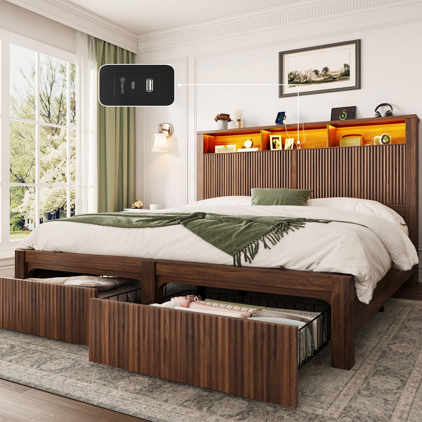 With Headboard And Storage Drawers Queen Bed Frame