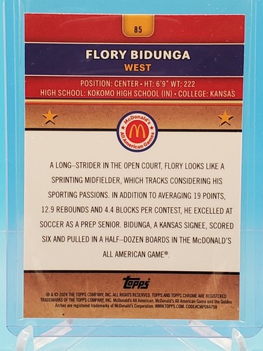 2024 Topps Chrome McDonald's All-American RayWave Flory Bidunga #85 - Picture 2 of 2