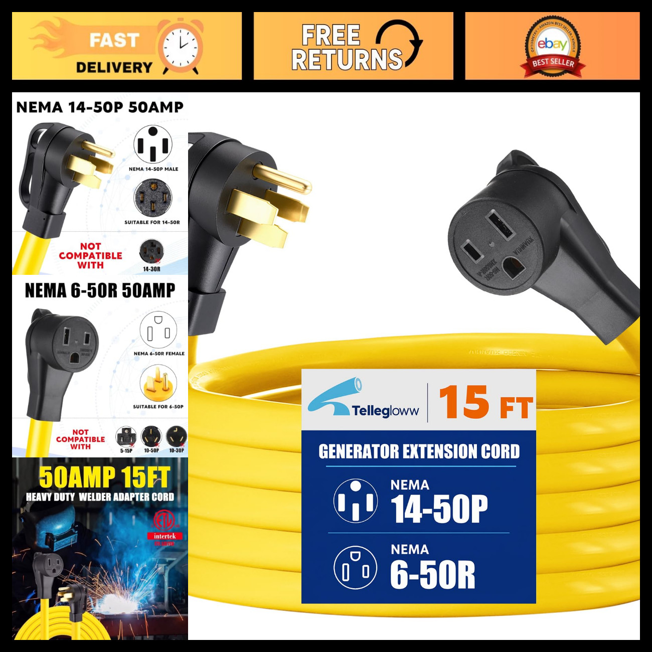 15ft 50Amp Welder Extension Cord NEMA 14-50P to 6-50R Adapter, 4 Prong to 3 Pron