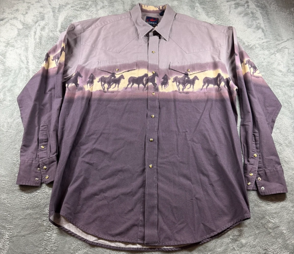 Vtg Roper Western Shirt Mens XL Horse Border Print Snap Front Cowboy