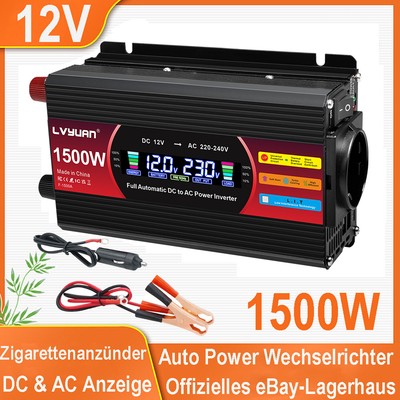 1500W Wechselrichter 12V zu 220V 230V Car Spannungswandler USB DC & AC Anzeige