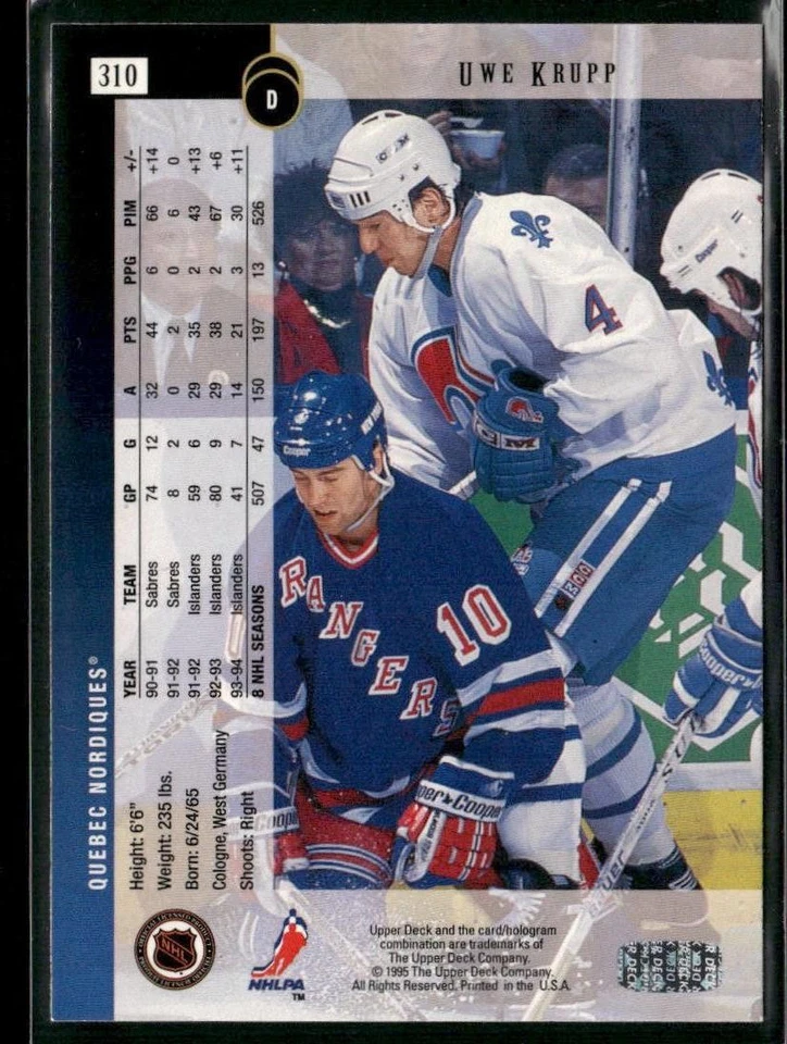 1994-95 Upper Deck Uwe Krupp #310 Quebec Nordiques - Image 2 of 2